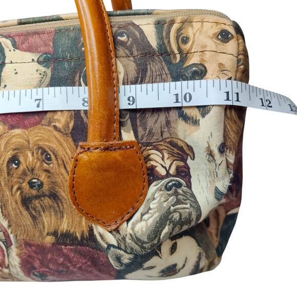 Vintage Canvas Dog Print Animal Tapestry Barrel Handbag Leather Handle Tote Bag - Picture 6 of 15